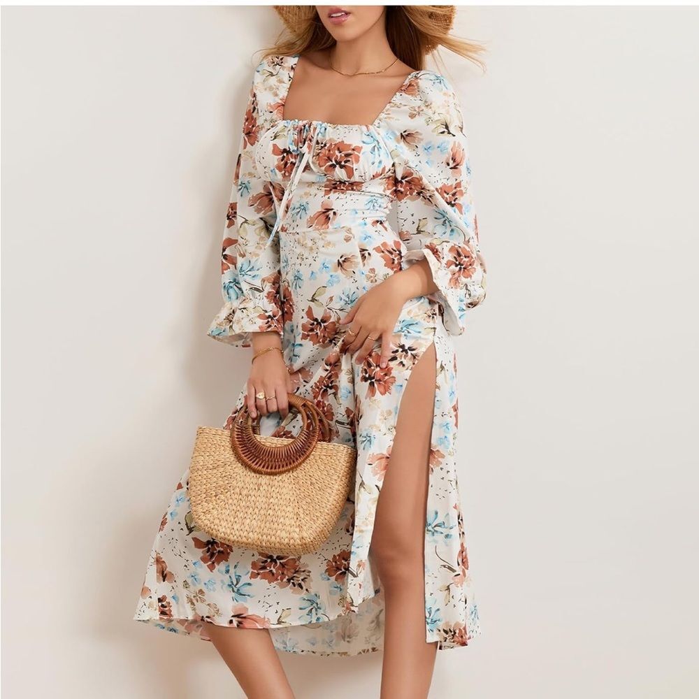 Women's Square Neck Floral Print Puff Long Sleeve Maxi Dress NWOT
